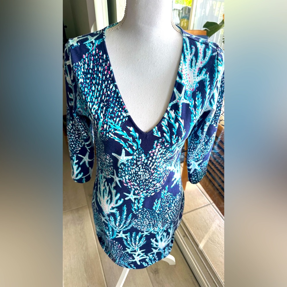 Lilly Pulitzer Clarke French Terry Dress Good Reef Blue Coral Print Small